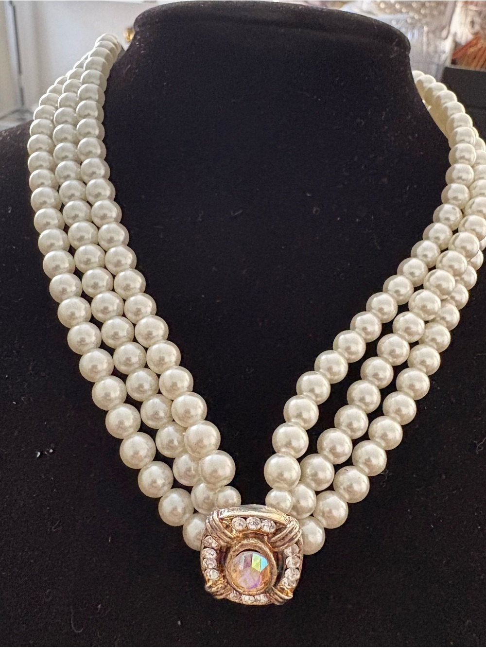 Classic vintage Ivory Pearl Multi-Strand Necklace with Rhinestone Clasp